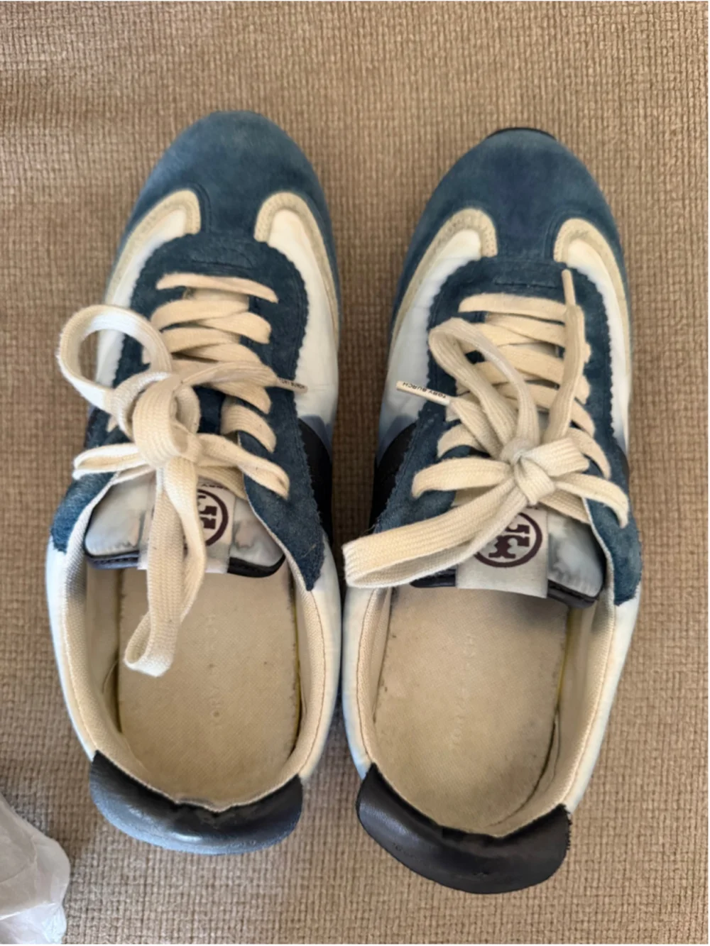 Tory Burch Hank Nylon Suede Sneakers Snow White Bright Navy Women’s Size 9.5